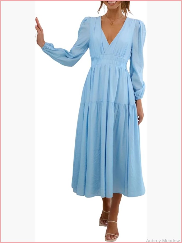 Long Sleeve Midi Dress Deep V Neck Elastic Waist Flowy A-Line Tiered Elegant